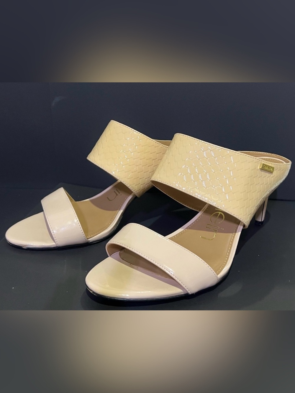 Calvin Klein Beige-White Open-Toe Slide Sandals